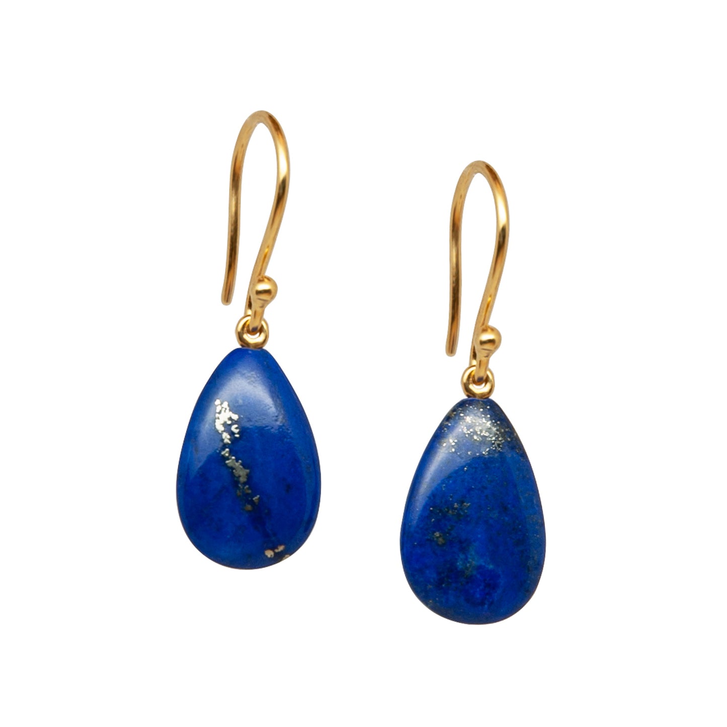 Pair of lapis lazuli gold earrings with blue teardrop stones on a white background