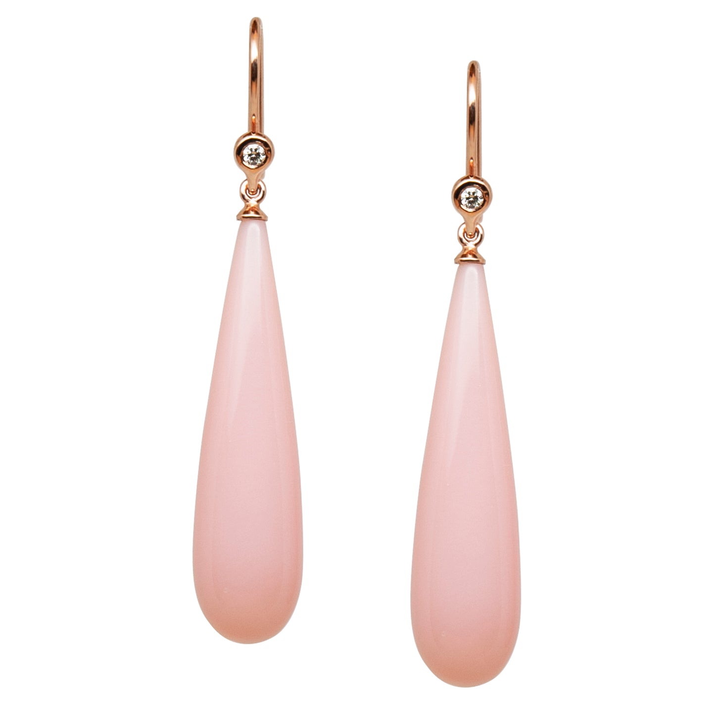 Pink opal earrings gold, designed in Switzerland and set in gold with diamonds.