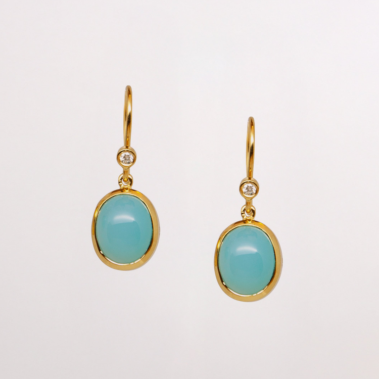 Chalcedony Gold Earrings with natural blue Gemstone set in yellow gold with diamonds