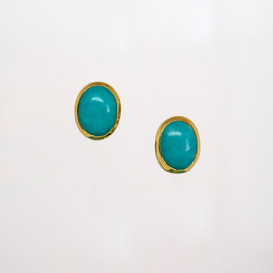Amazonite Stud Earrings, a pair of turquoise earrings set in yellow gold on a white background