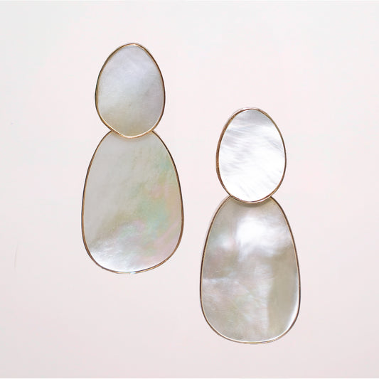 A pair of statement Mother of Pearl Earrings. Stud dangle earrings set in 18k rose gold. 