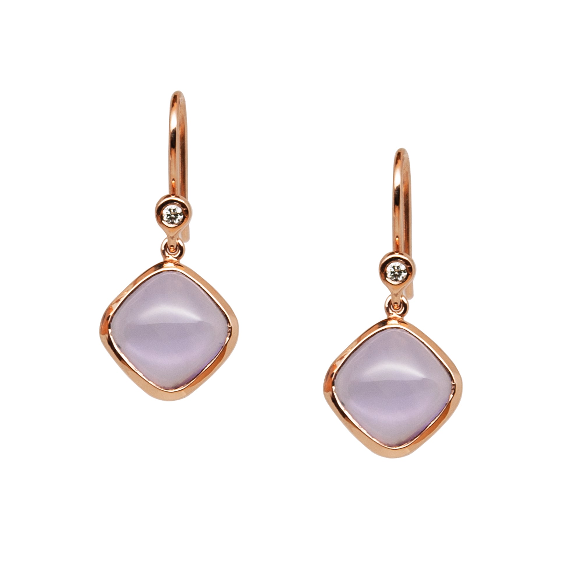 A pair of square amethyst gold earrings in rose gold with diamond accents, hanging from ear hooks.