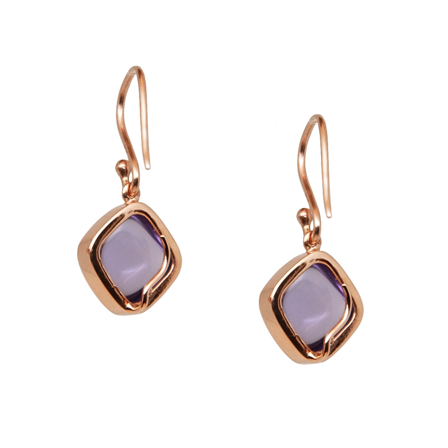 A pair of square amethyst gold earrings in rose gold with diamond accents, hanging from ear hooks.