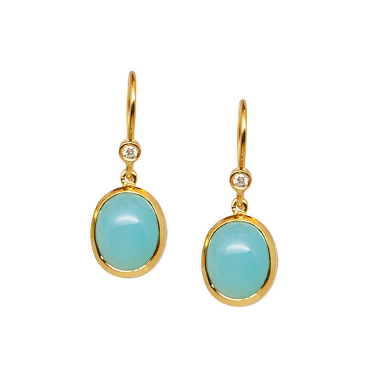 Chalcedony Gold Earrings with natural blue Gemstone set in yellow gold with diamonds