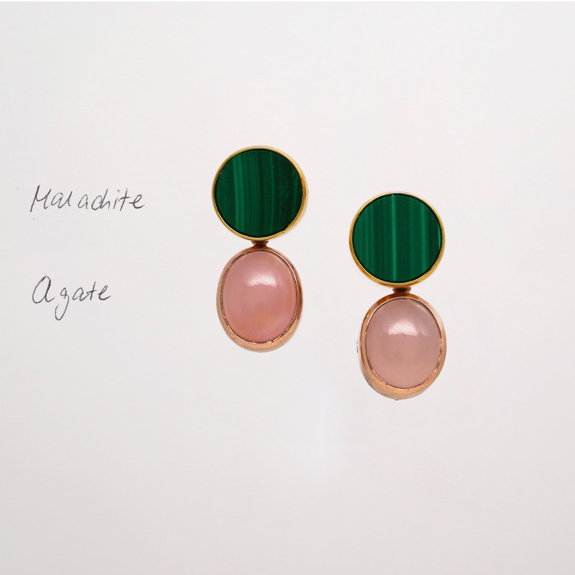 Malachite Stud Earrings with Pink Agate set in yellow gold and rose gold